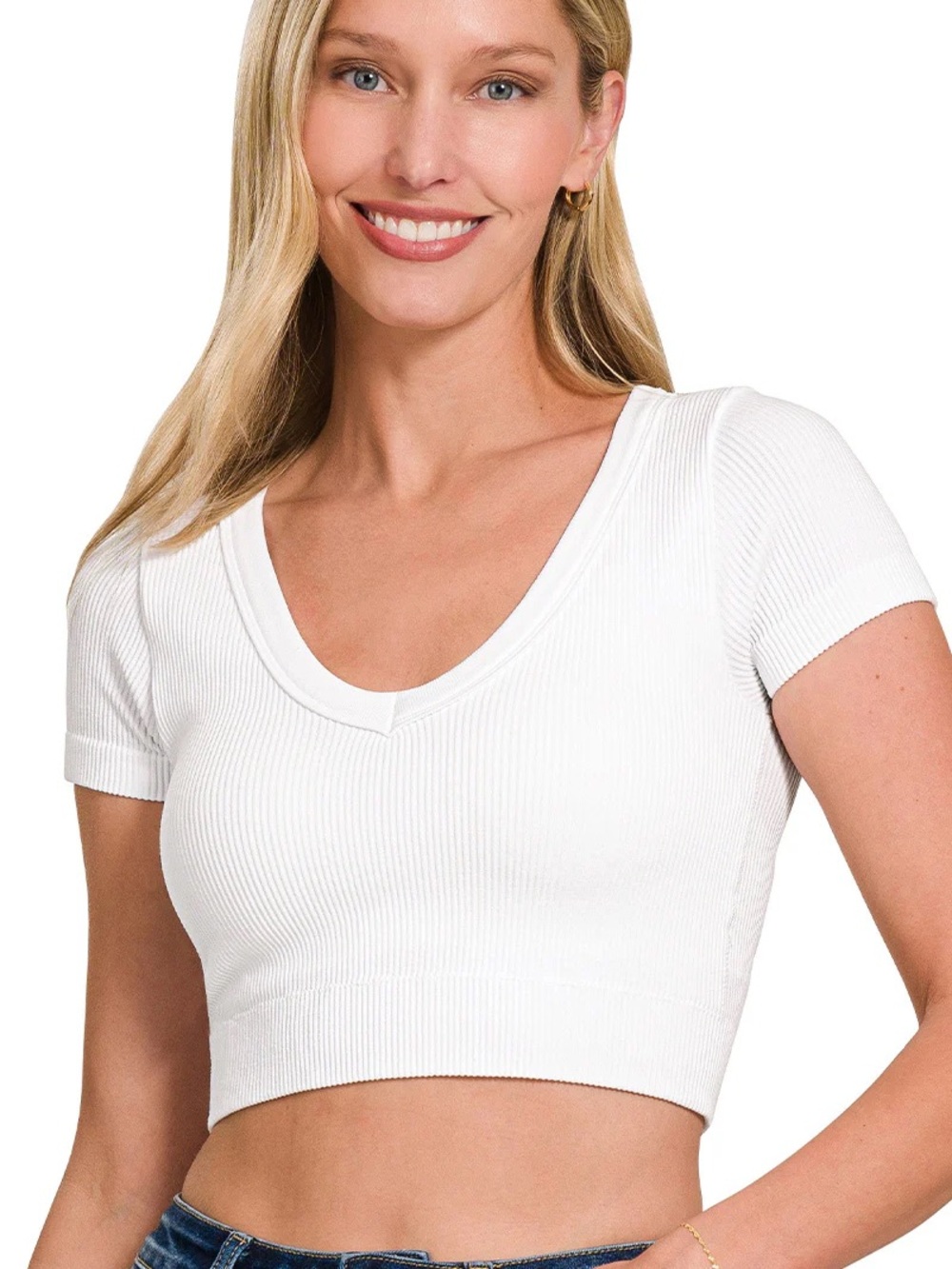White Ribbed Short Sleeve Cropped Top